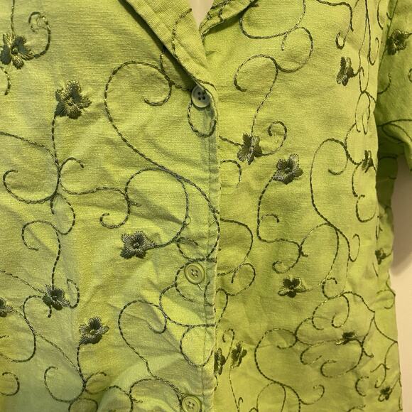 ButtonUp Top & CapriPants 2Pcs Set Denim & Co Green Embroidered Resort Lounge L - Picture 8 of 12